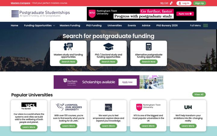 Screenshot ta' postgraduatestudentships.co.uk