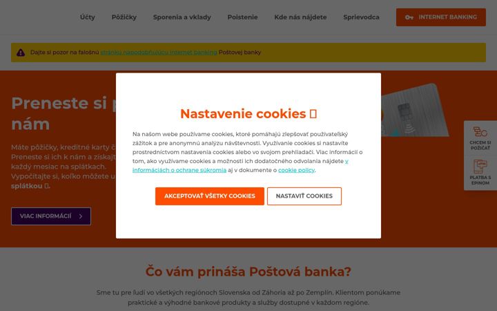 Captură de ecran a postovabanka.sk