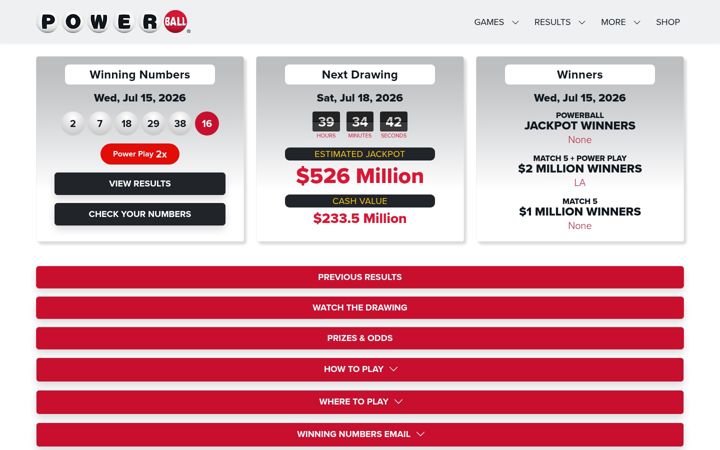 Екранна снимка на powerball.com