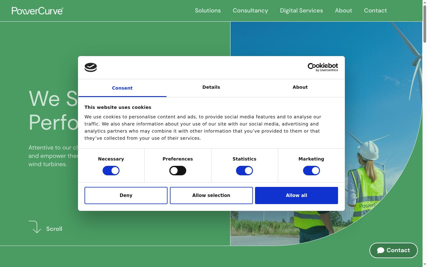 Screenshot del banner di consenso mostrato prima di qualsiasi interazione