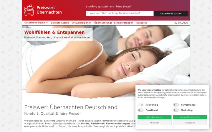Kuvakaappaus sivustosta preiswert-uebernachten.de