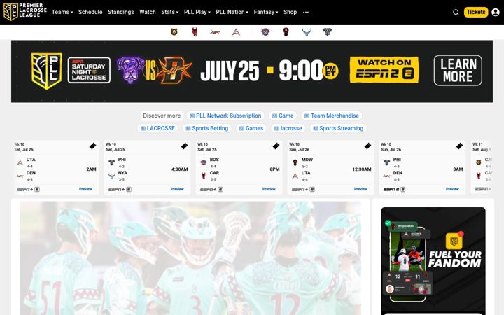 Screenshot of premierlacrosseleague.com