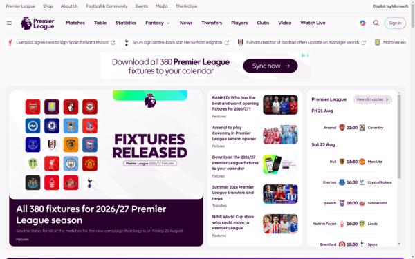 Screenshot of premierleague.com