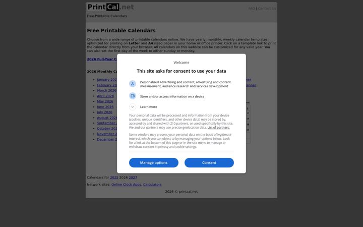 Screenshot of printcal.net