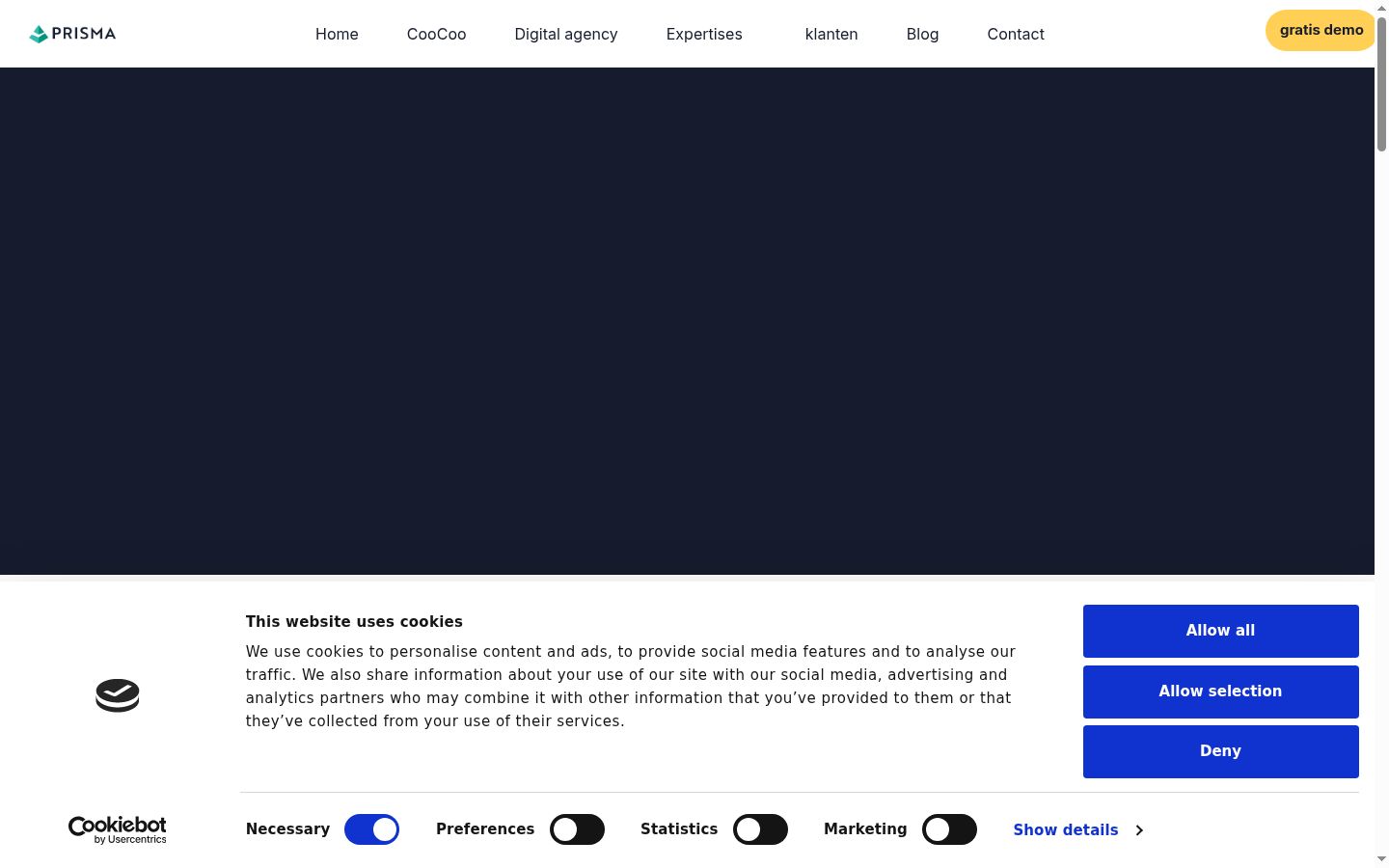 Captura de ecrã do banner de consentimento apresentado antes de qualquer interação