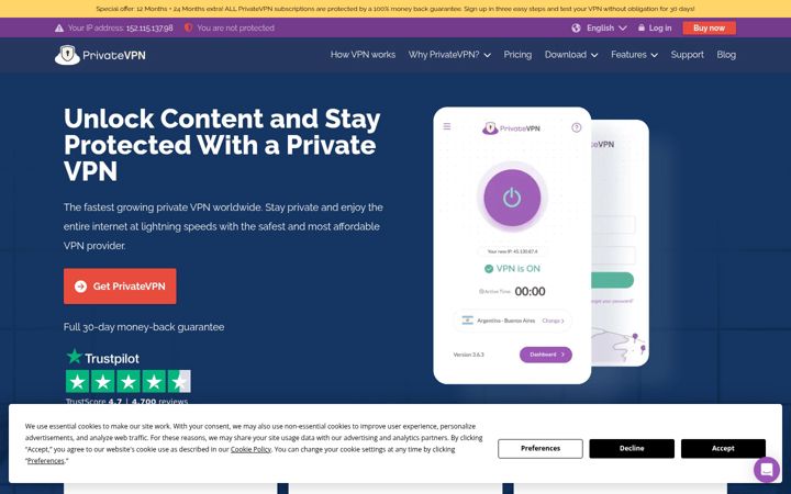Screenshot of privatevpn.com