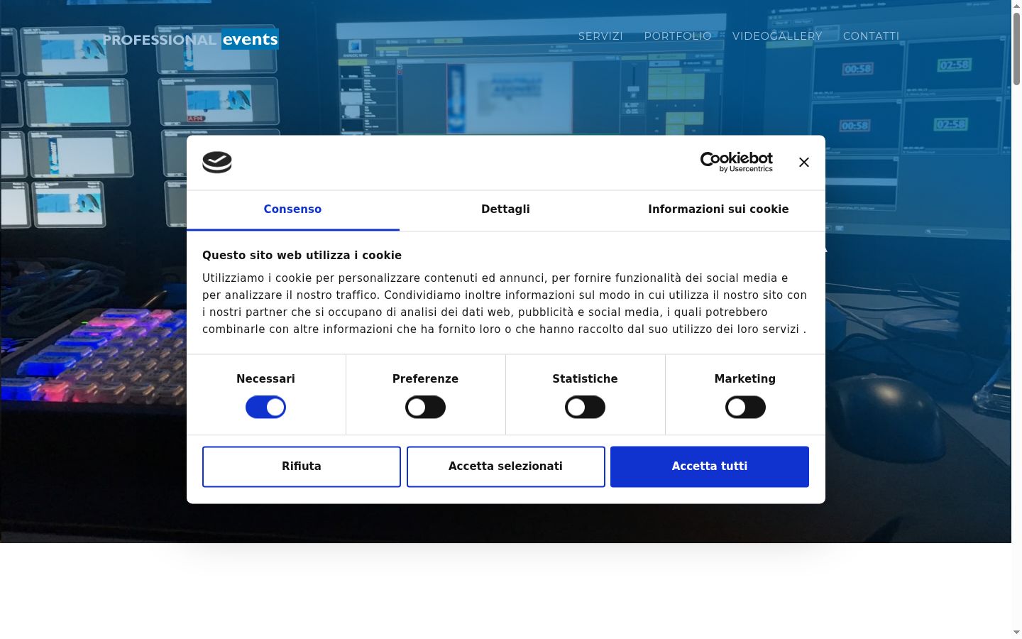 Screenshot del banner di consenso mostrato prima di qualsiasi interazione