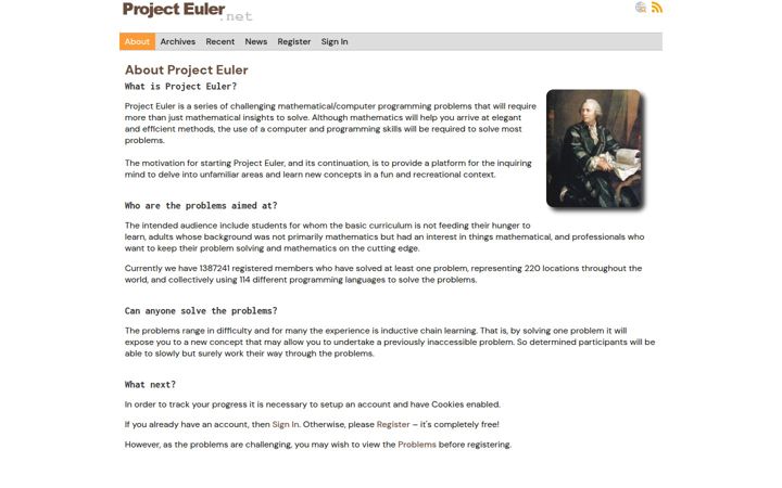Screenshot of projecteuler.net