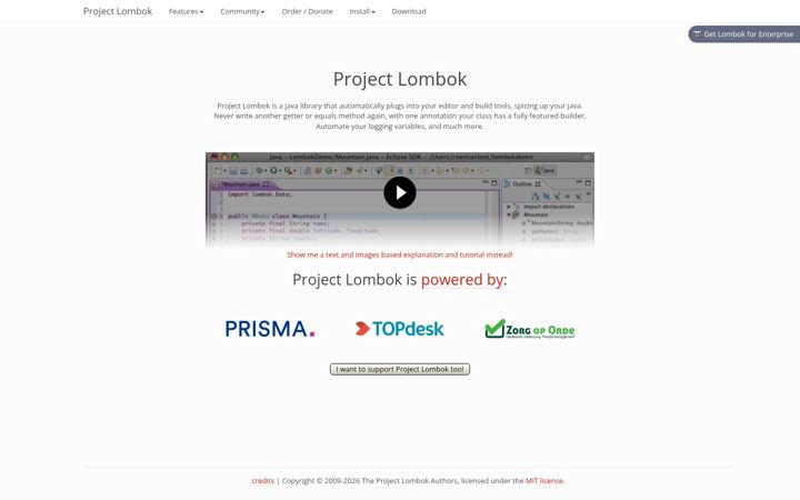 Screenshot of projectlombok.org