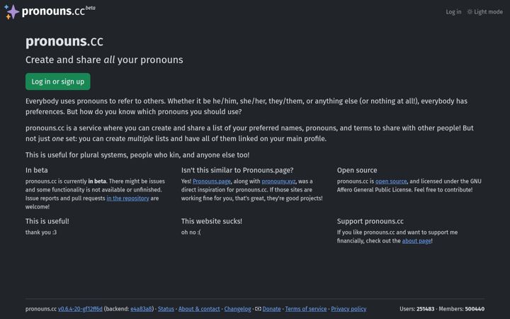 Screenshot of pronouns.cc