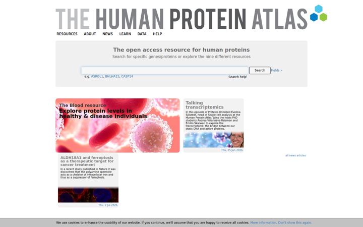 Screenshot of proteinatlas.org