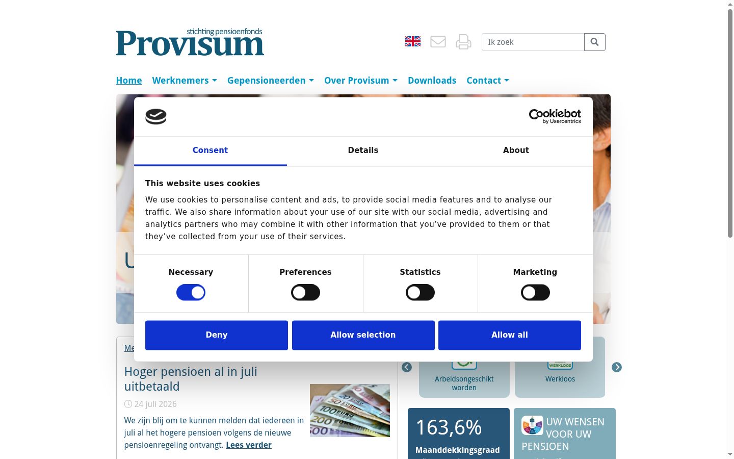 Captura de ecrã do banner de consentimento apresentado antes de qualquer interação