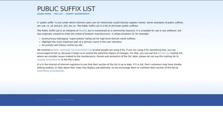 Captura de pantalla de publicsuffix.org