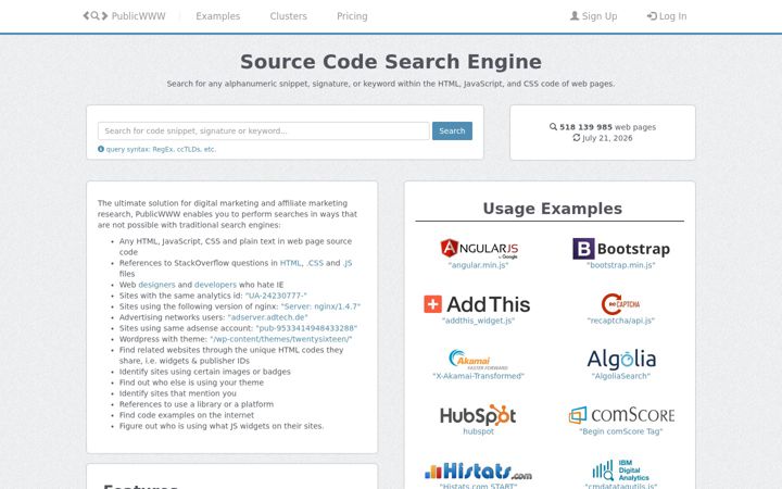 Screenshot of publicwww.com