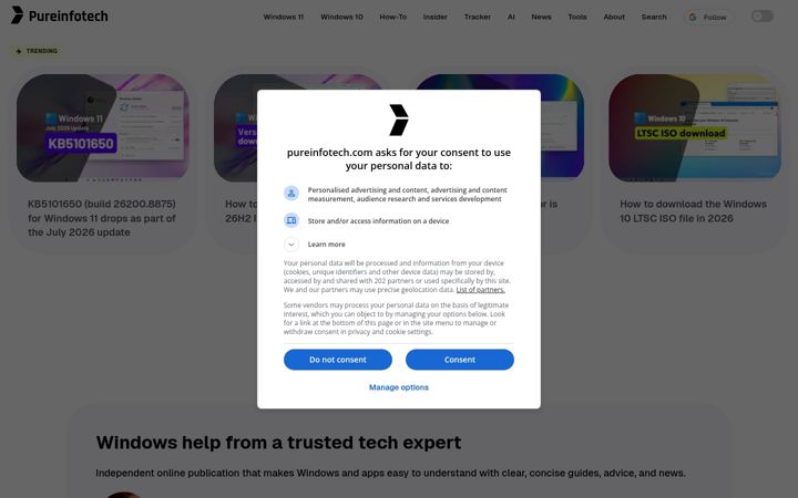 Screenshot of pureinfotech.com