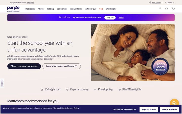 Screenshot von purple.com