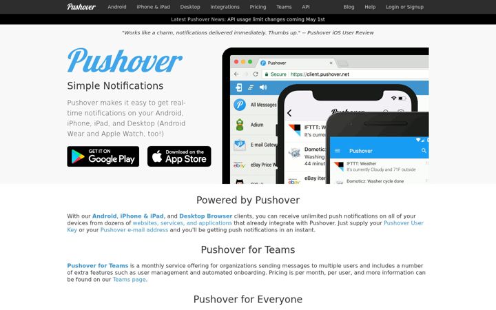Ekrano kopija pushover.net