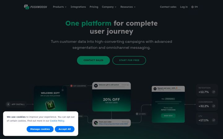 Екранна снимка на pushwoosh.com
