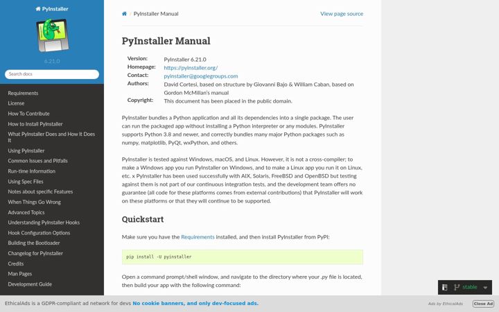 Screenshot of pyinstaller.org
