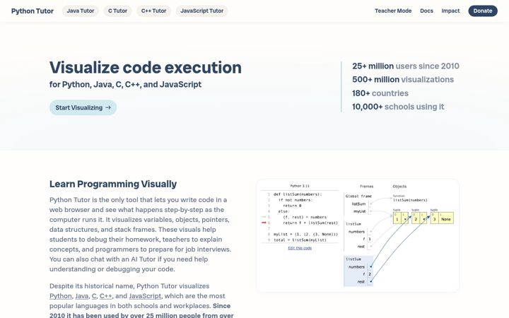 Screenshot of pythontutor.com
