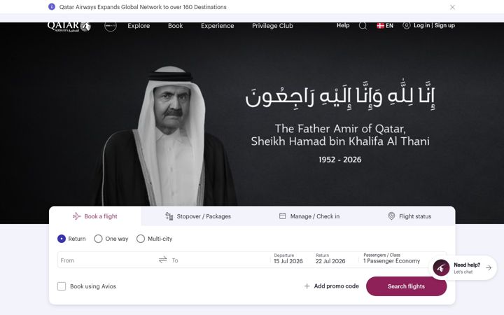 Posnetek zaslona qatarairways.com