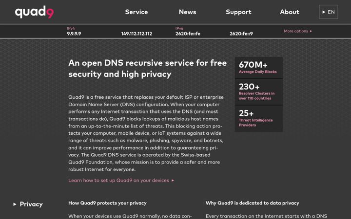 Screenshot stránky quad9.net