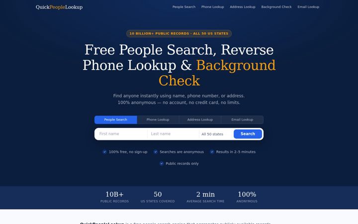 Ekrānuzņēmums no quickpeoplelookup.com