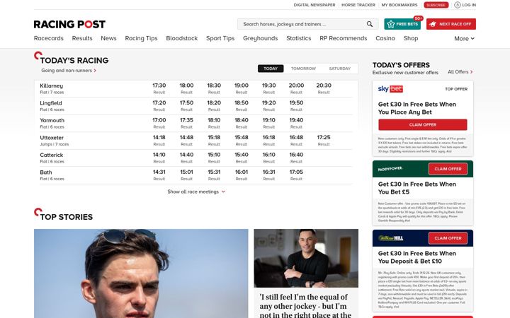 Snímek obrazovky racingpost.com