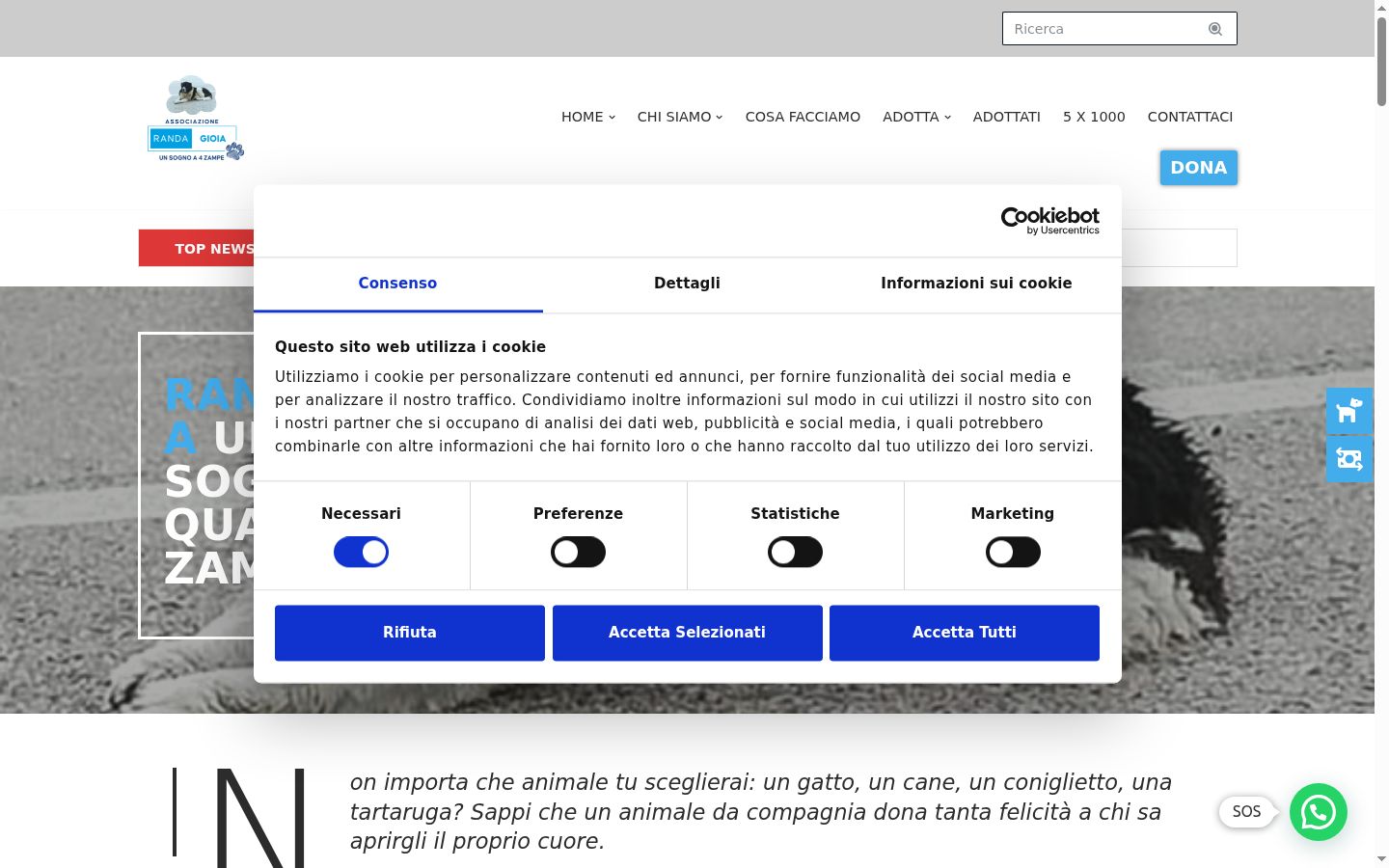 Screenshot del banner di consenso mostrato prima di qualsiasi interazione
