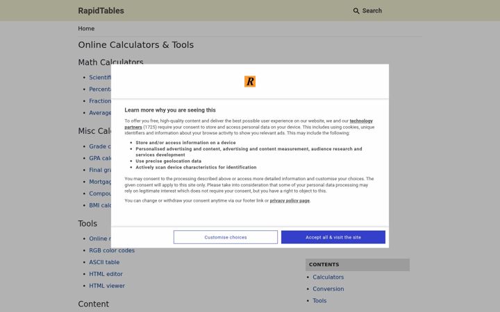 Kuvakaappaus sivustosta rapidtables.com
