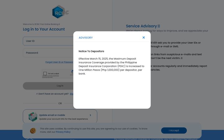 Screenshot of rcbconlinebanking.com