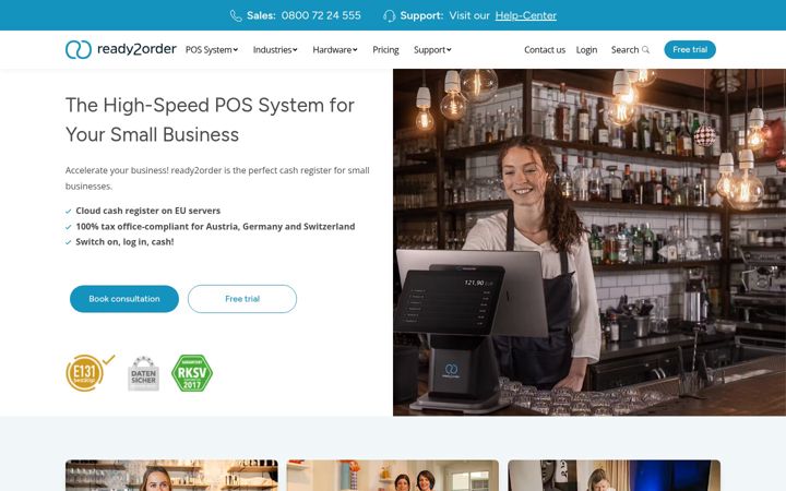 Screenshot of ready2order.com