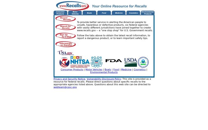 Screenshot of recalls.gov