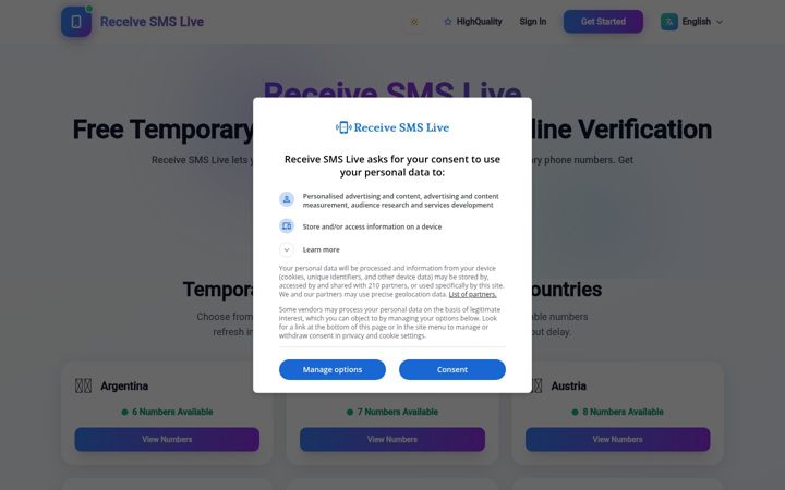 Screenshot του receive-smss.live