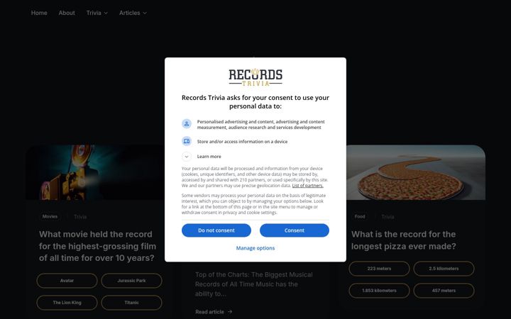 Screenshot of recordstrivia.com