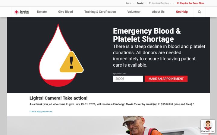 Captură de ecran a redcross.org