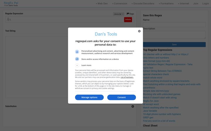 Screenshot of regexpal.com