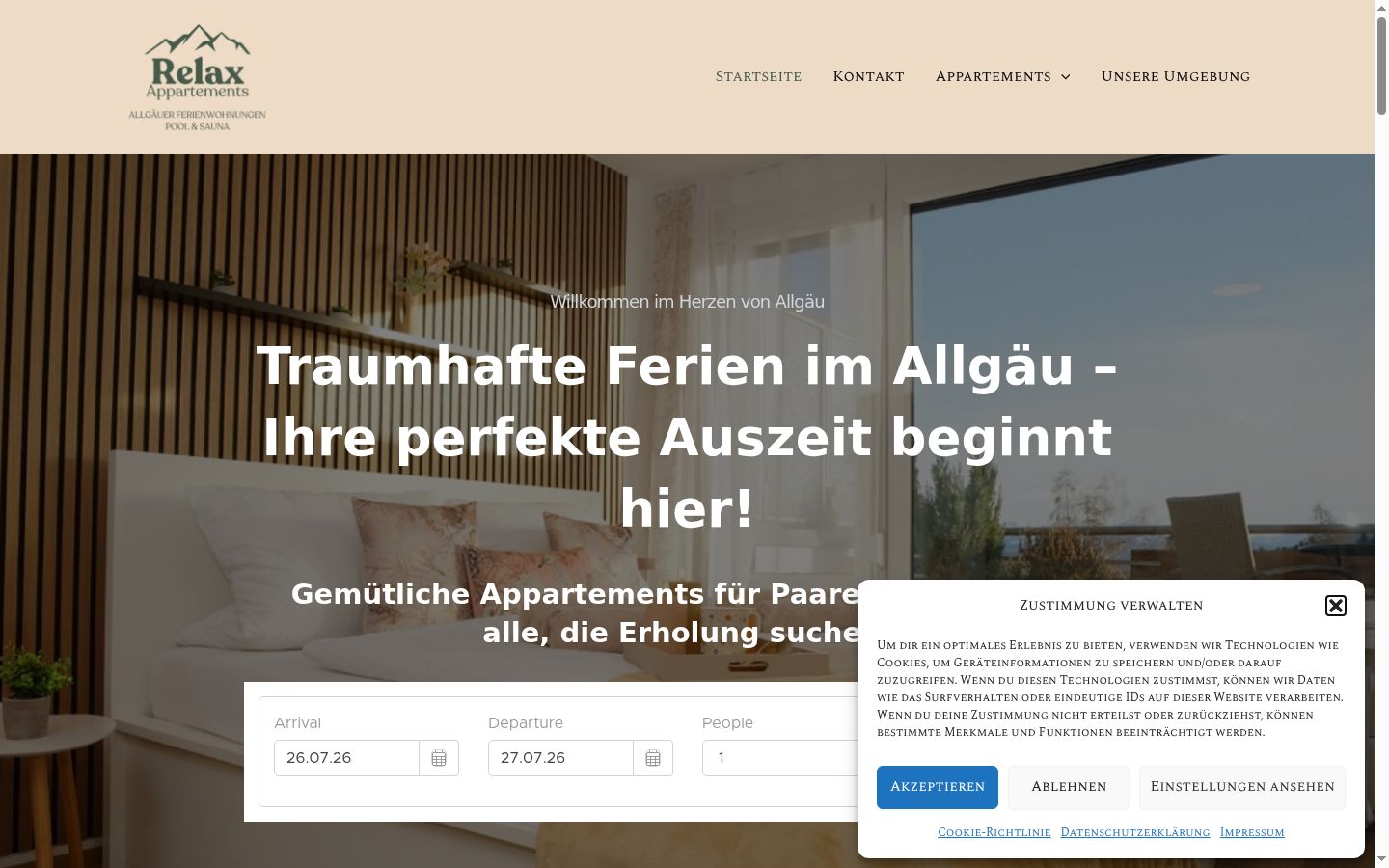 Screenshot des Einwilligungsbanners vor jeglicher Interaktion