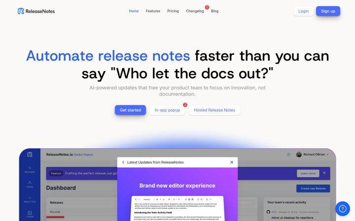 Screenshot of releasenotes.io