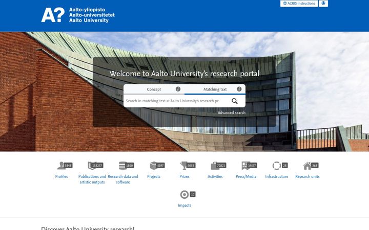 Kuvakaappaus sivustosta research.aalto.fi