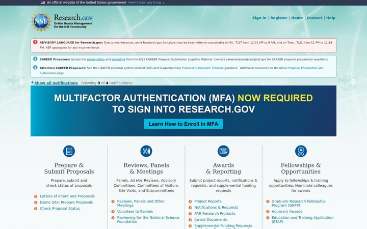 Screenshot di research.gov