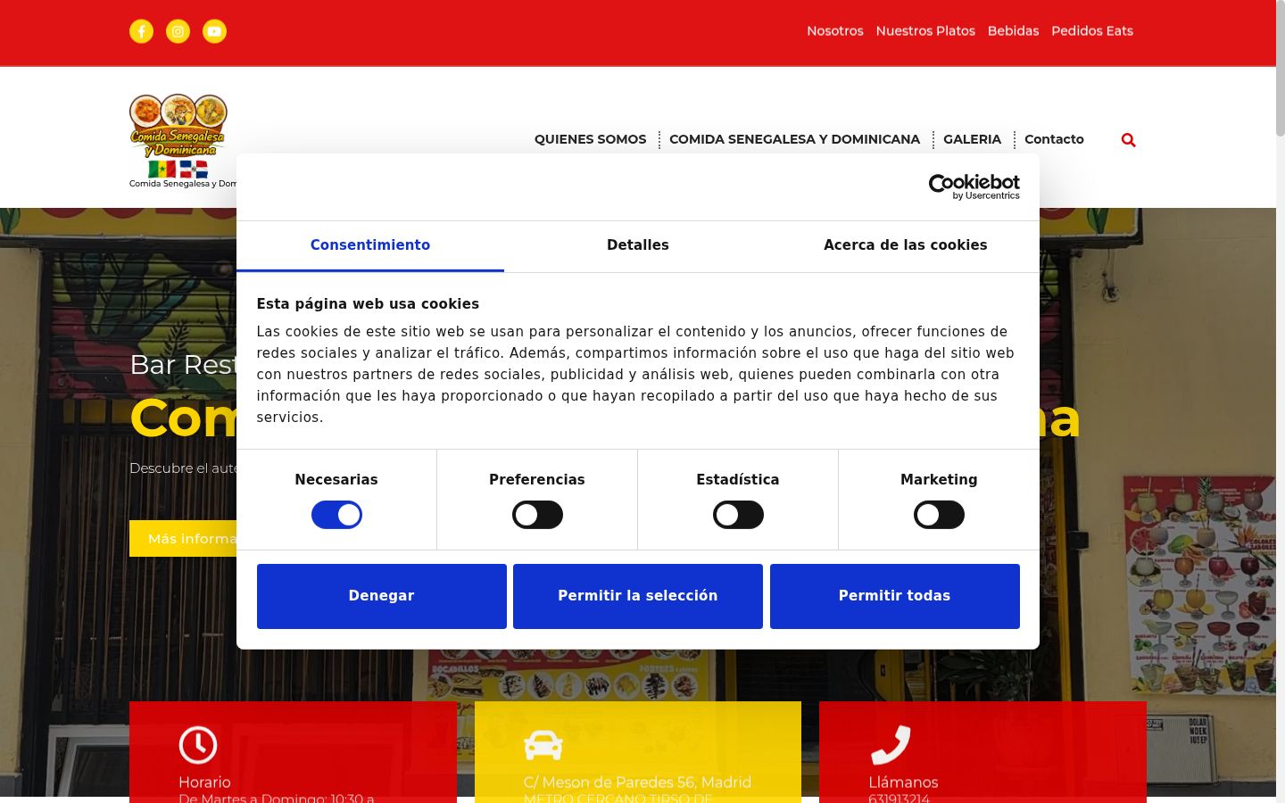 Captura de pantalla del banner de consentimiento mostrado antes de cualquier interacción