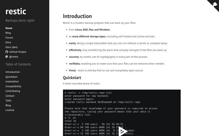 Screenshot of restic.net