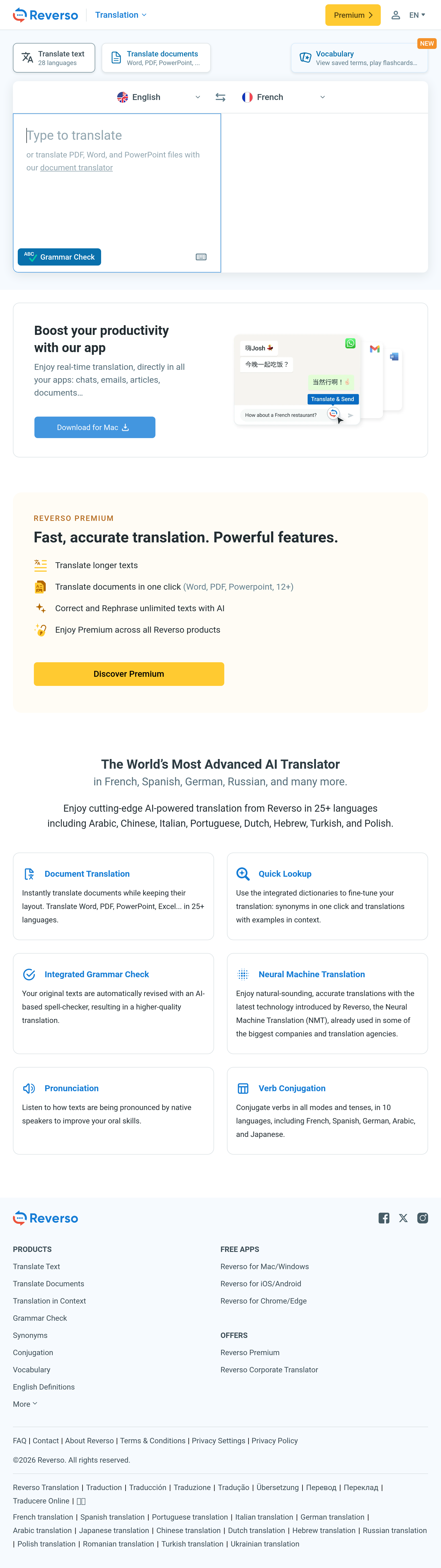 Tablet screenshot of reverso.net