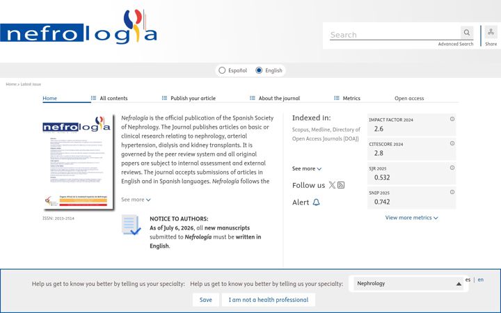 Screenshot of revistanefrologia.com