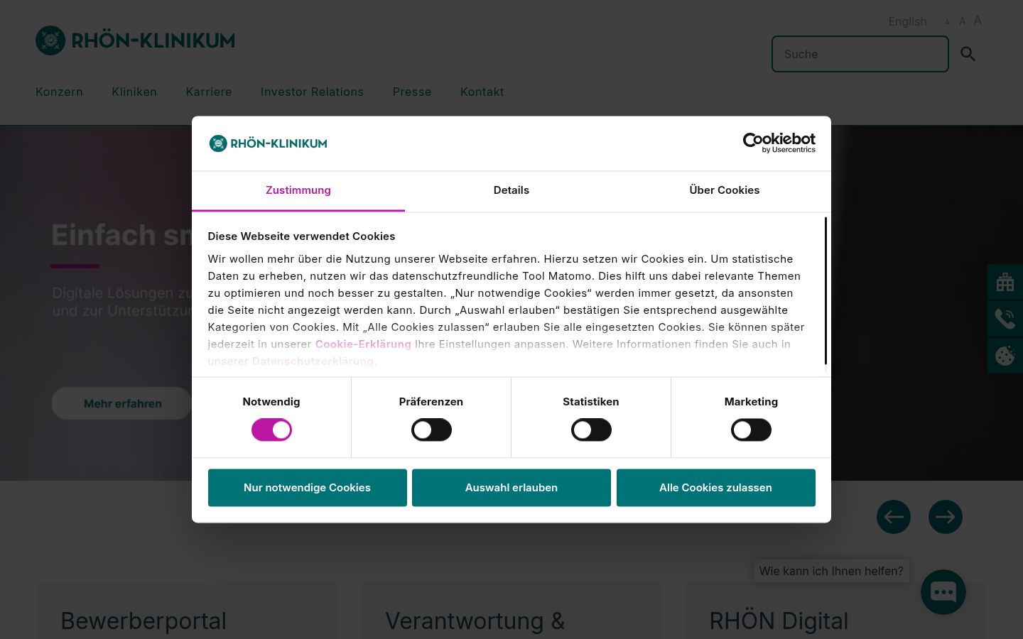 Screenshot des Einwilligungsbanners vor jeglicher Interaktion