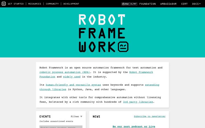 Skærmbillede af robotframework.org