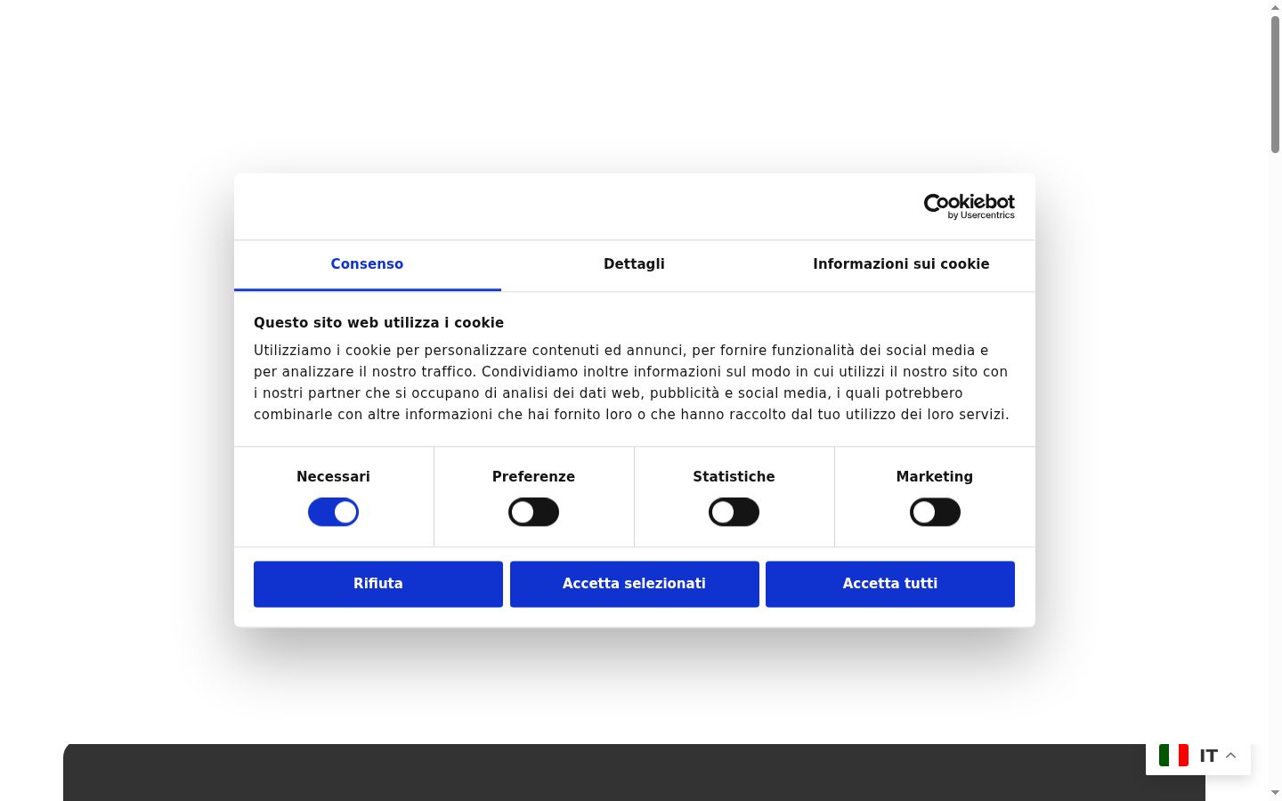 Screenshot del banner di consenso mostrato prima di qualsiasi interazione