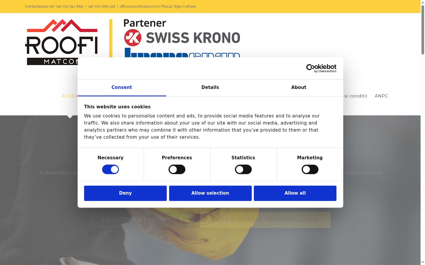 Screenshot del banner di consenso mostrato prima di qualsiasi interazione