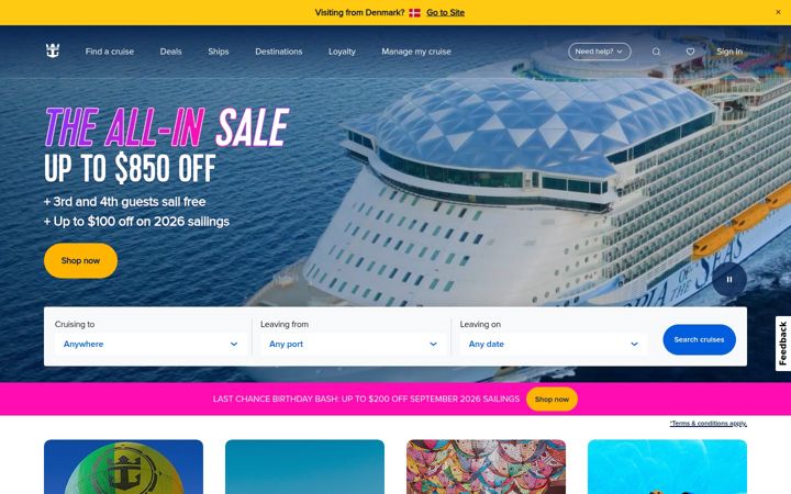 Snímek obrazovky royalcaribbean.com